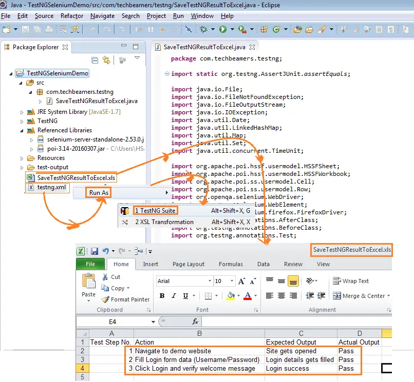 Save Selenium WebDriver TestNG Result to Excel - Run as TestNG suite