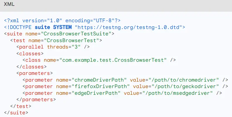 TestNG XML class illustrating for testing cross browser